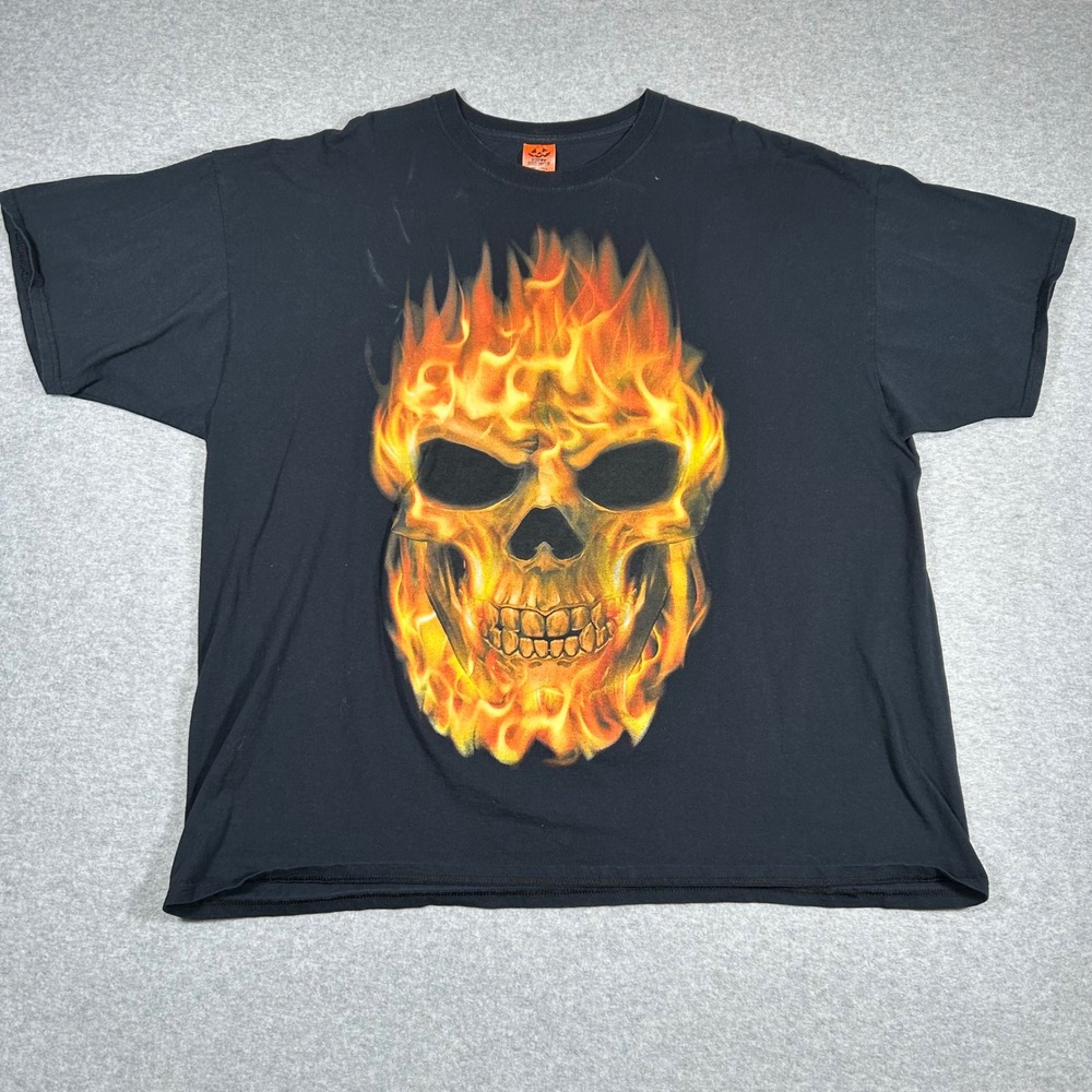 Vintage Skull T Shirt Men's 3XL Black Happy Halloween Graphic Tee Flaming‎ Y2K